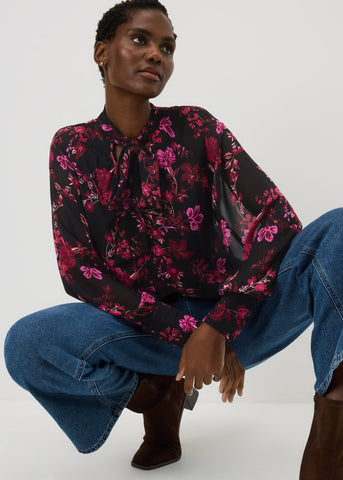 Pink Flower Boho Tie Neck Blouse F374497