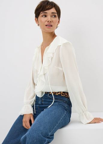 White Tie Neck Ruffle Blouse F374498