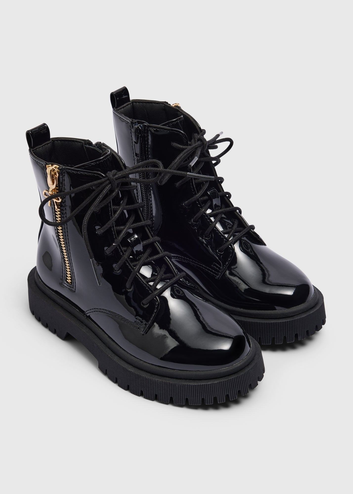 Girls Black Patent Lace Up Boots C304376