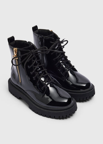 Girls Black Patent Lace Up Boots C304377