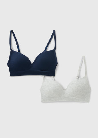 2 Pack Grey Marl & Navy Seamless Moulded Bralettes F474490
