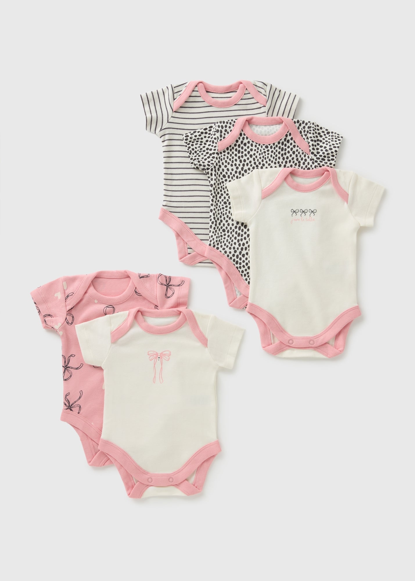 5 Pack Baby Pink Bow Stripe Bodysuits (Newborn-23mths) C136728