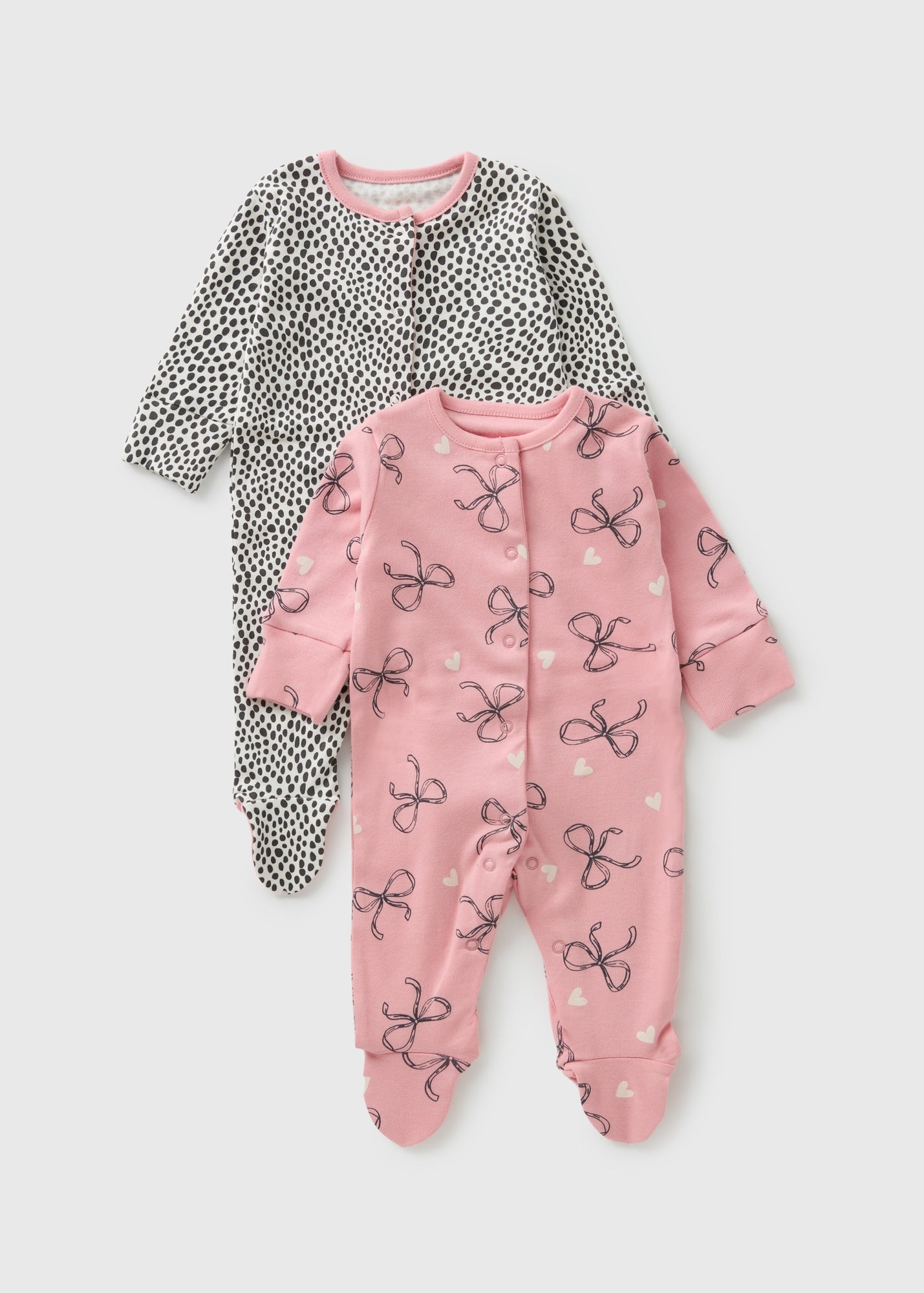 2 Pack Baby Pink Bow Spot Sleepsuits (Newborn-23mths) C136729