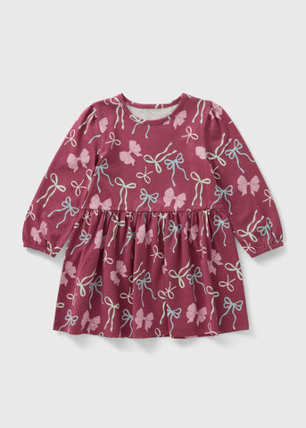 Girls Burgundy Bow Print Dress (1-7yrs) C101681