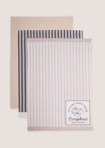 3 Pack Cream Pumpkin Harvest Stripe Tea Towels M486088