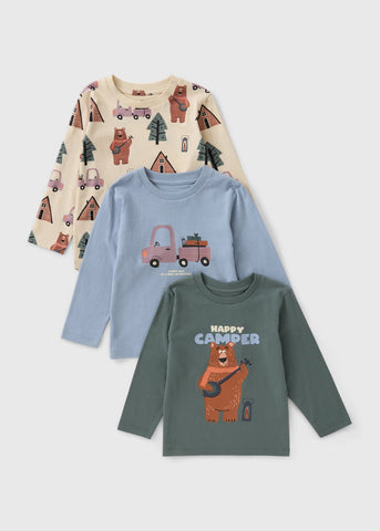 3 Pack Boys Multi Bear Print Long Sleeve T-Shirts (1-7yrs) B101053