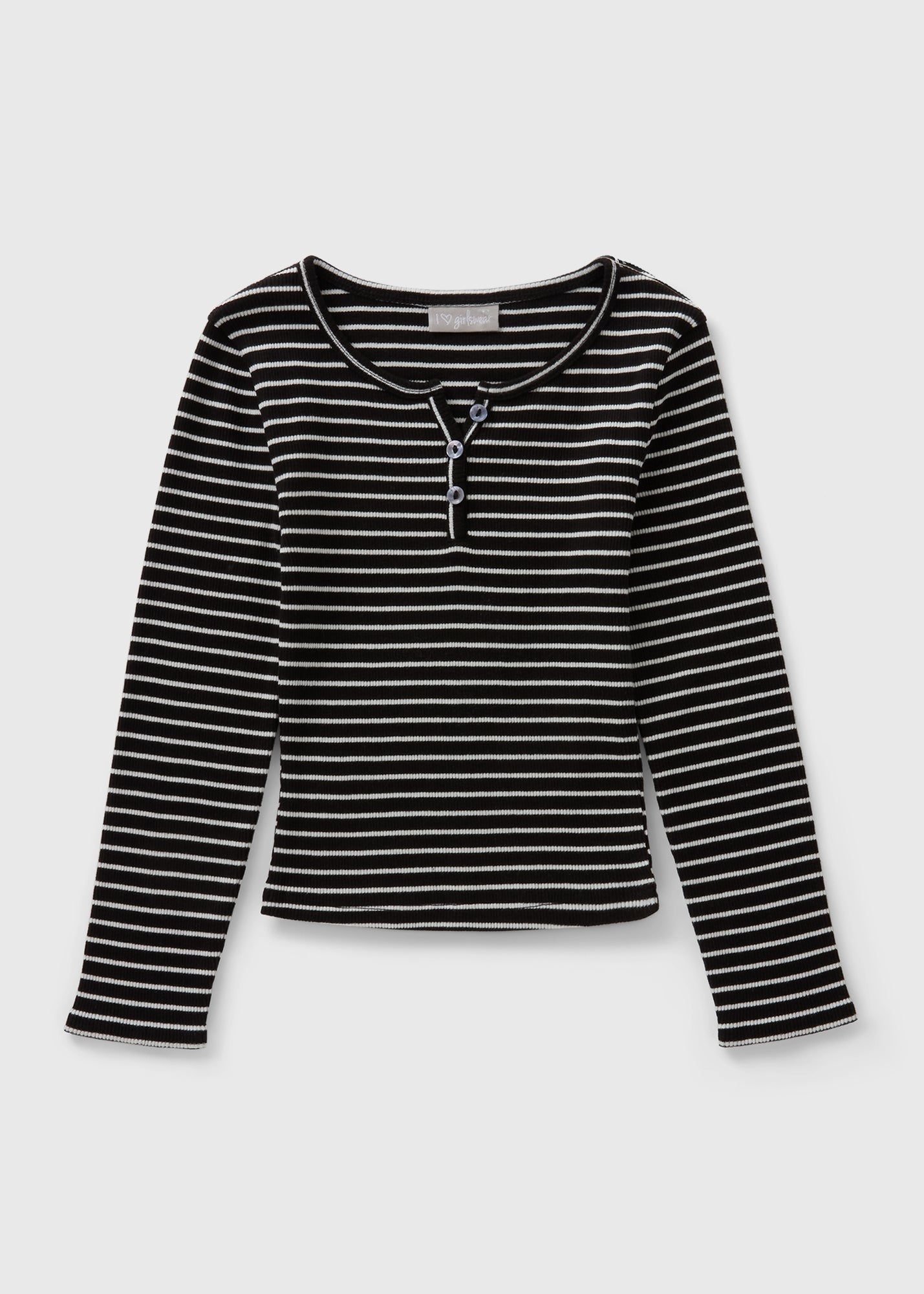 Girls Black Stripe Ribbed Button Henley Top (7-15yrs) G325765