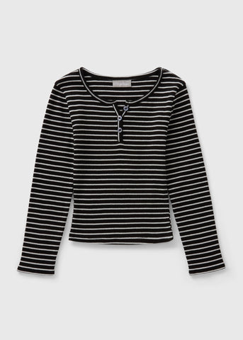 Girls Black Stripe Ribbed Button Henley Top (7-15yrs) G325765