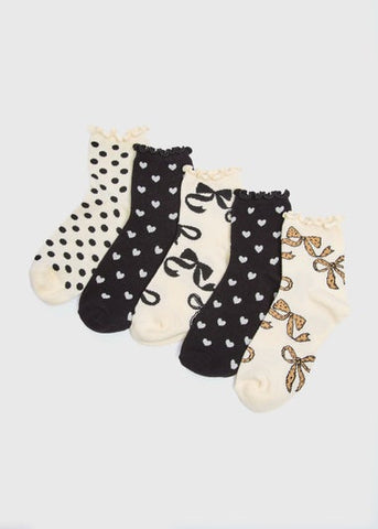 5 Pack Girls Black Mono Bow Heart Socks (Younger 6-Older 6.5) G034209