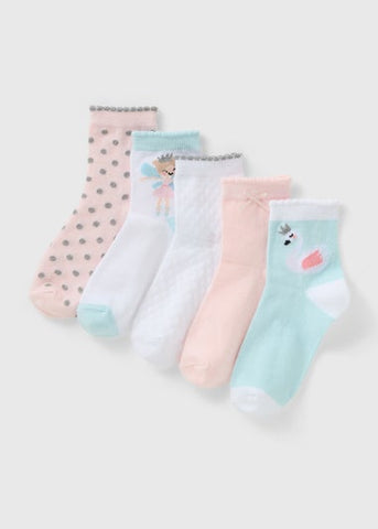 5 Pack Girls Pink Swan Fairy Socks (Younger 6-Older 6.5) G034212