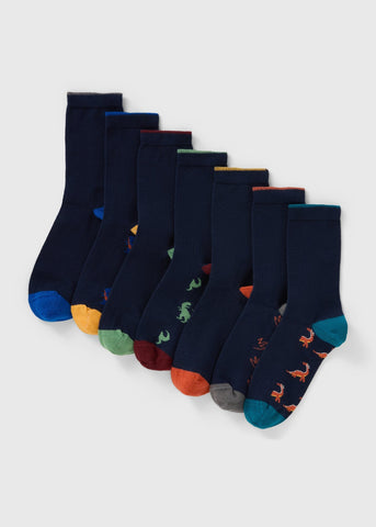 7 Pack Boys Black Dino Footbed Socks (Younger 6-Older 6.5) B300482