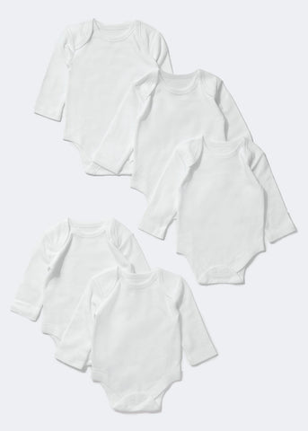 Baby 5 Pack White Long Sleeve Bodysuits (Tiny Baby-23mths)  C135965
