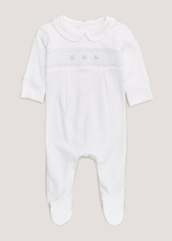Baby White Smocked Star Sleepsuit (Tiny Baby-12mths)  C135756