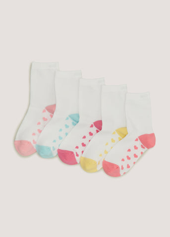 Girls 5 Pack White Heart Ankle Socks (Younger 6-Older 5.5)  G033915