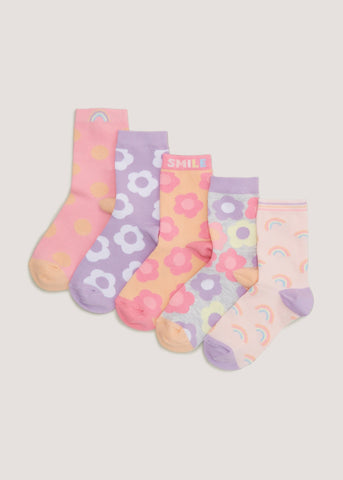 Girls 5 Pack Multicoloured Flower Ankle Socks (Younger 6-Older 5.5)  G033917