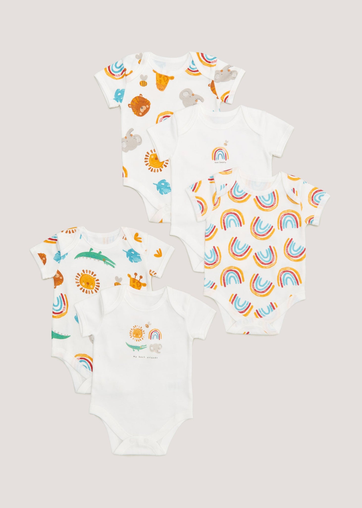 Baby 5 Pack Multicoloured Rainbow Print Bodysuits  C135737