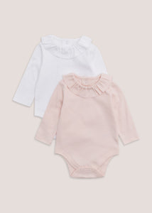 Baby 2 Pack Pink & White Frill Bodysuits (Tiny Baby-18mths)  C136010
