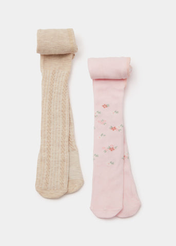 Baby 2 Pack Pink Flower & Cream Cable Knit Tights (Newborn-18mths)  C136052