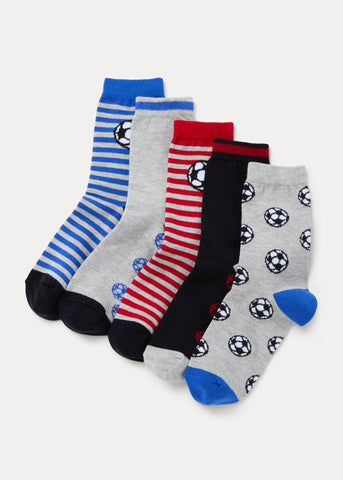 Boys 5 Pack Multicoloured Football Print Ankle Socks (Younger 6-Older 6.5)  B300371
