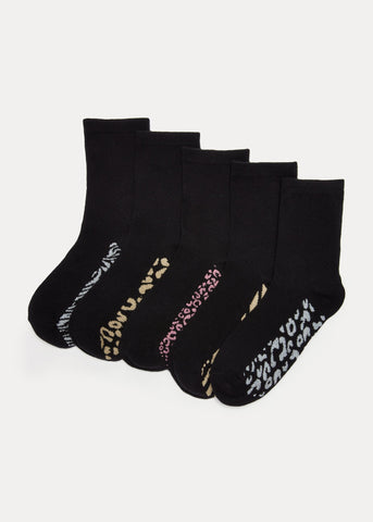 5 Pack Multicoloured Animal Print Footbed Socks  F472303