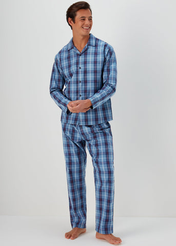 Blue Check Woven Long Sleeve Pyjama Set  M251140