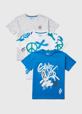 Boys 3 Pack Blue Graffiti Peace T-Shirts (7-13yrs)  B157419