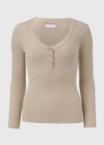 Beige Ribbed Long Sleeve Henley Top  F466187